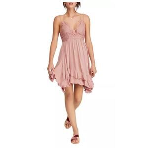 FREE PEOPLE ONE Adella Ruffle Tiered Slip Dress Boho‎ Fairy Balletcore Pink Sz S